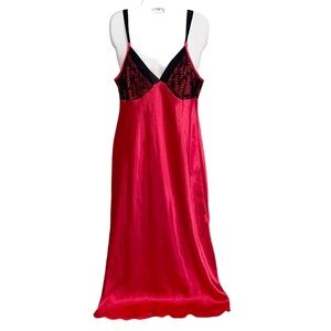 Vintage Satin Night Gown Lingerie Slip Dress Womens M/L Red Long Maxi Black Lace